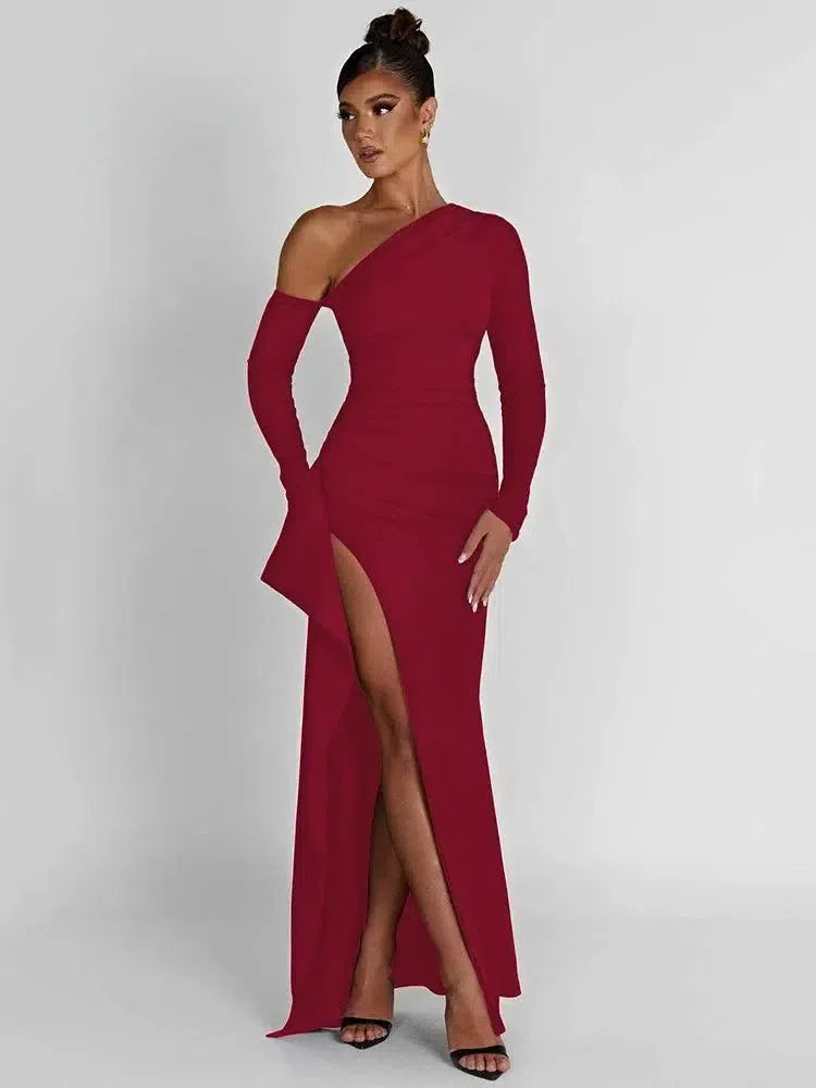 Oblique Shoulder High Split Maxi Dress - Backless Party-S-5