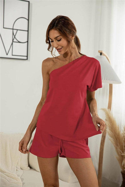 Off-the-shoulder Short Sleeve Sloping-shoulder Off-Wine Red-6