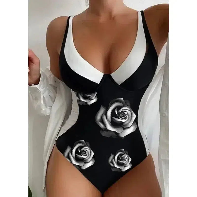 One Piece High Waisted Swimsuit Women Push Up Padded-Rose Print-9