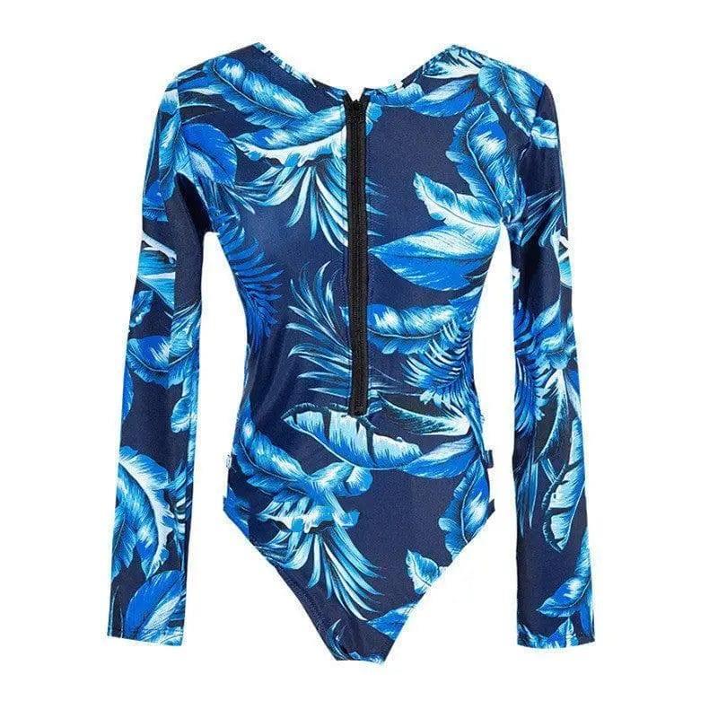 One Piece Long Sleeve Sunscreen Swimsuit Lock Foreign-Blue-1