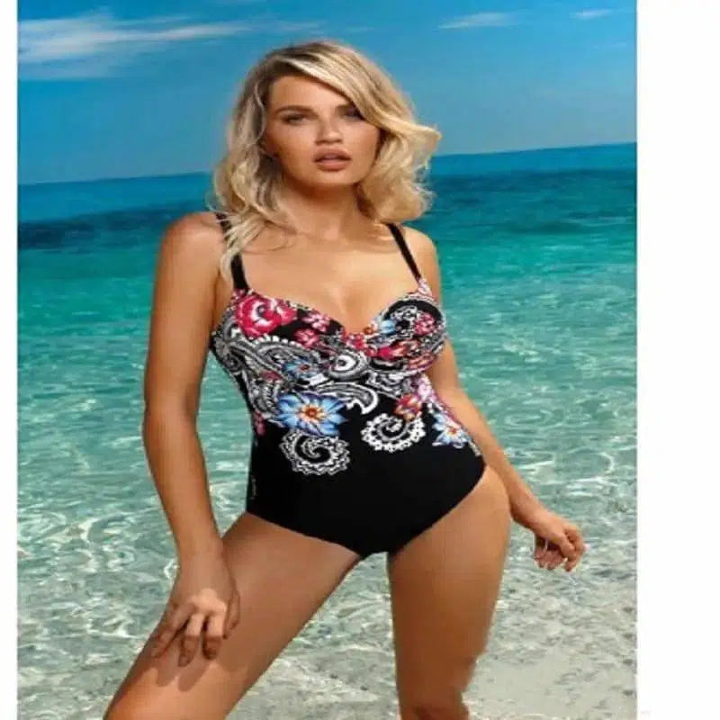 One Piece Retro Swimsuit Digital Print One Piece Bikini-Black-2