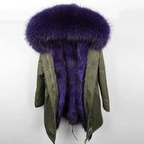 Oversized raccoon fur collar parka coat-Army green purple-1