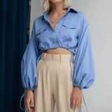 Pleated Waist Lantern Long-sleeved Lace Crop Top-Blue-1