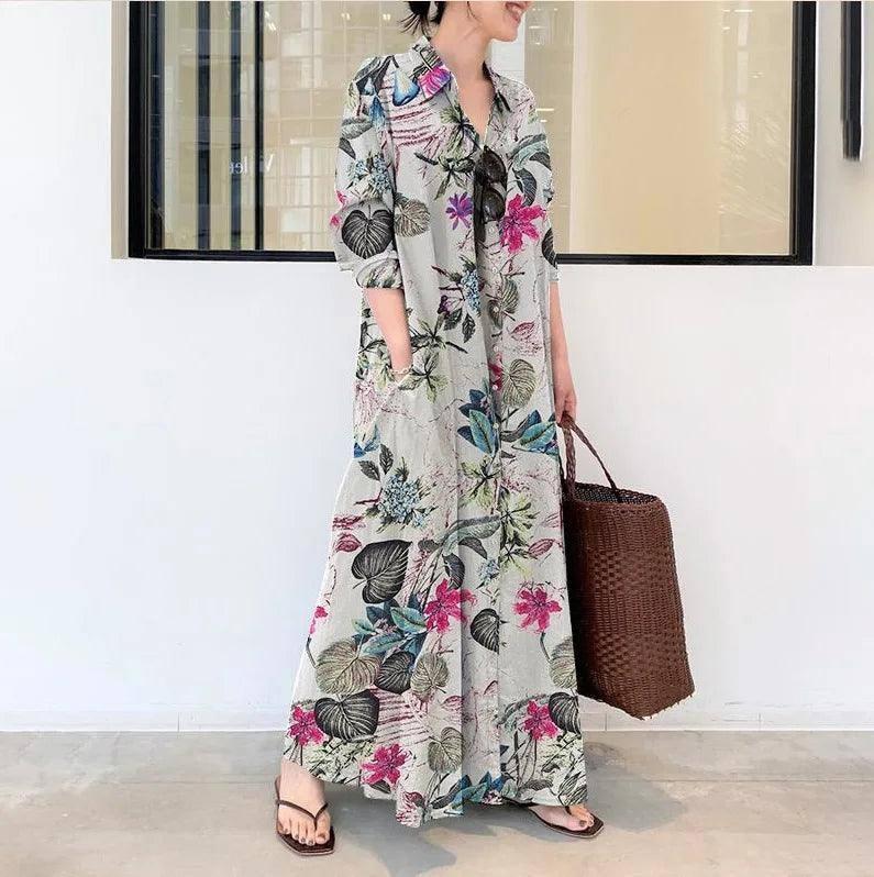 Stylish Cotton Linen Maxi Dress for Summer-Grey Floral-1