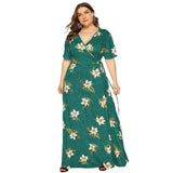 New 2021 summer plus size long dress for women large slim casual short sleeve flower print green V-neck dresses 3XL 4XL 5XL 6XL-7