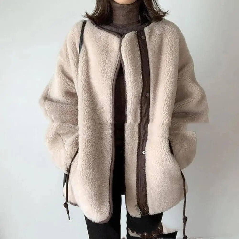 Plush Stitching Round Neck Zipper Loose Long Sleeve Fashion-1