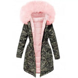 Plush Thick Coat Loose Big Fur Collar Mid-length Camouflage-Pink-1