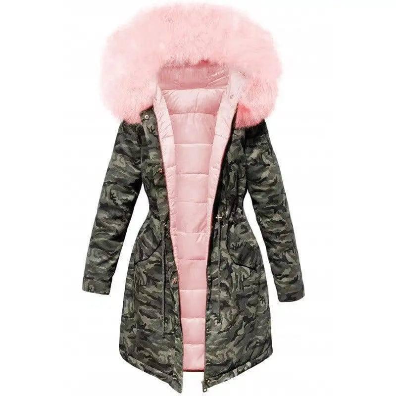 Plush Thick Coat Loose Big Fur Collar Mid-length Camouflage-6