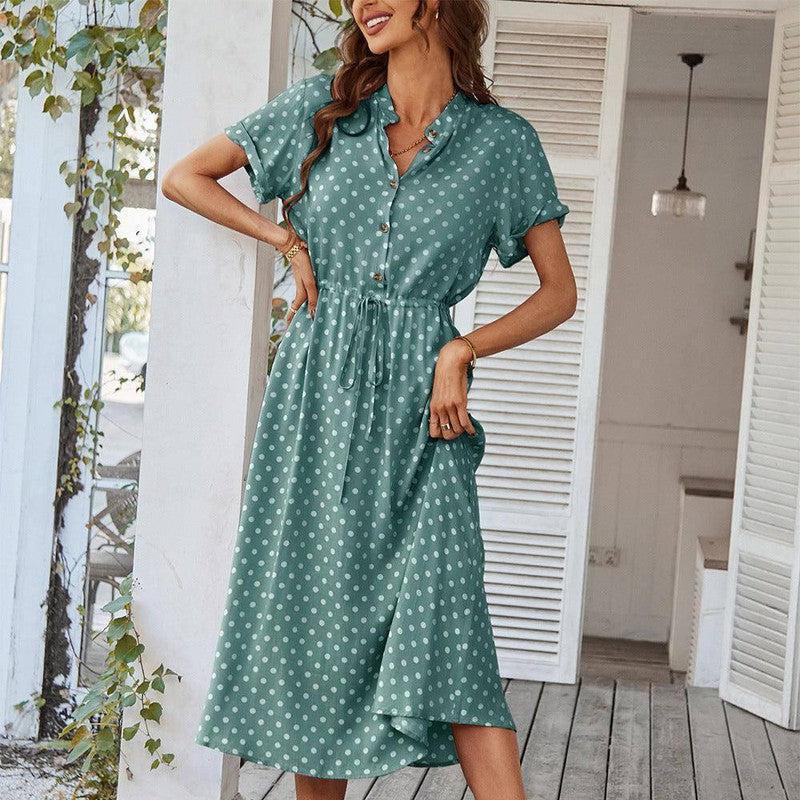 Polka Dot Print Shirt Collar Large Swing Dress-Dark Green-1