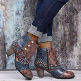 Print Ankle Boots Chunky Mid Heel Boots Women Side Zipper-4