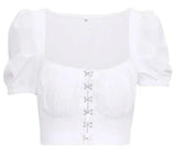 Puff Sleeve Collar Buttoned Crop Top-White-12