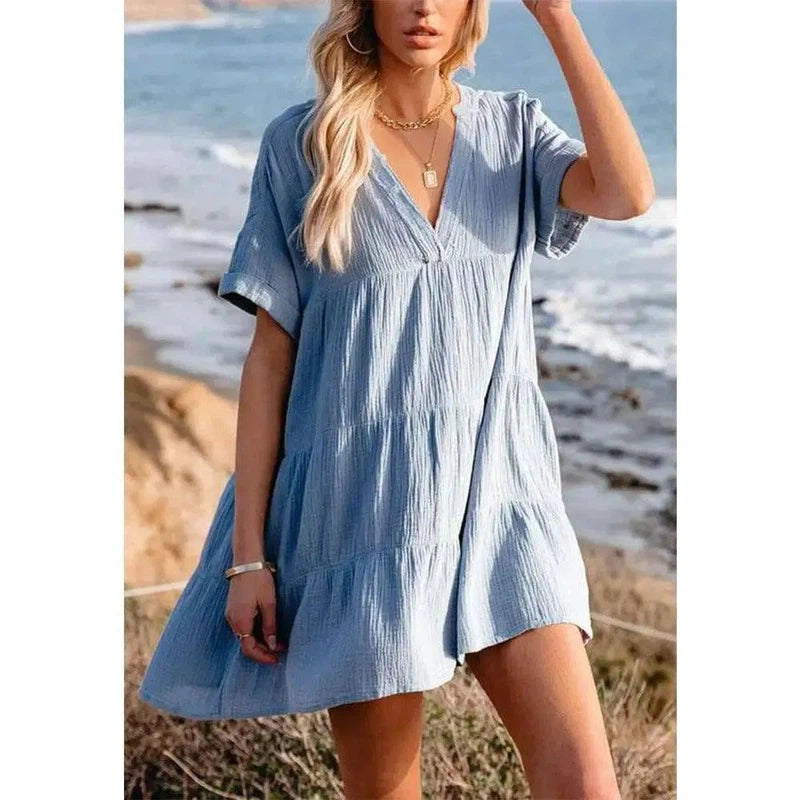 Pullover White Loose V Neck Dress-Blue-3