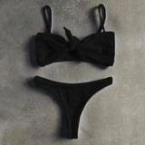 Pure Color Bikini Strap And Bow Split Swimsuit-Black-2