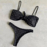 Pure Color Bikini Strap And Bow Split Swimsuit-Dots-3