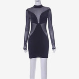 Pure Color Mesh Sexy Slim Short Dress-4