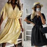 Pure Color Wide Loose Short Sleeve V-Neck Dress-1