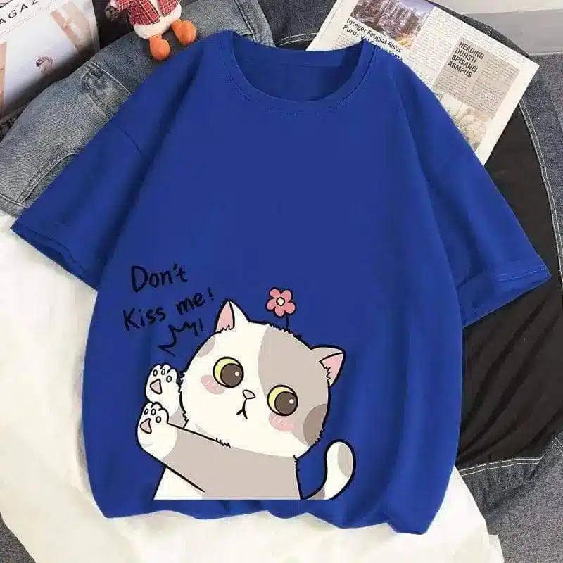 Cute Cat Graphic Casual Cotton Tee-Blue-12