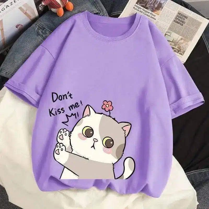 Cute Cat Graphic Casual Cotton Tee-Purple-7