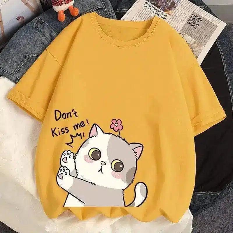 Cute Cat Graphic Casual Cotton Tee-Yellow-5