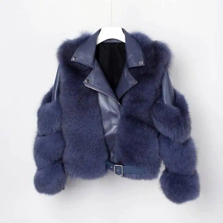 Real fur grass motorcycle fox coat-Dark Blue-6