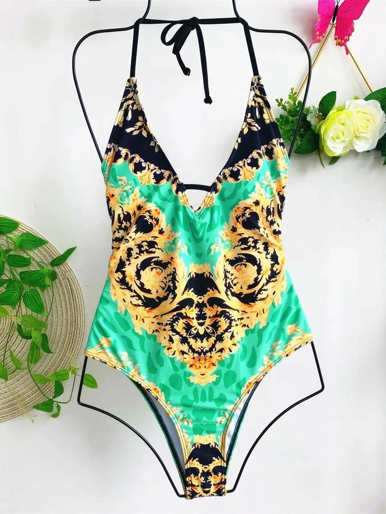 Retro print swimsuit one-piece bikini-Green-2