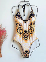 Retro print swimsuit one-piece bikini-Yellow-3