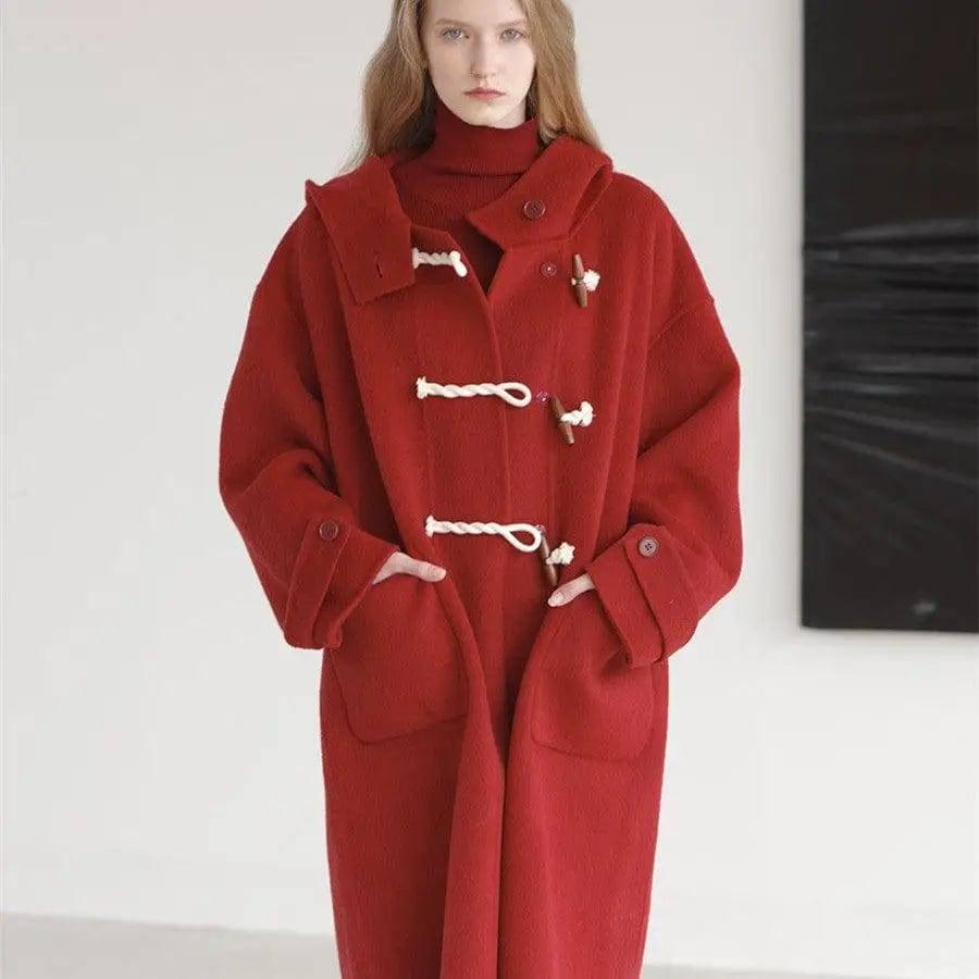 Retro Red Wool Double Faced Woolen Coat Women-6