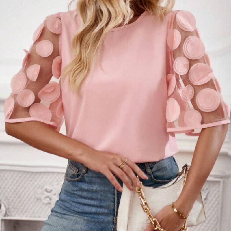 Round Neck Hollow-out Short-sleeved Shirt Casual Top-1