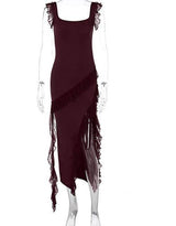 Ruffle Thigh High Split Dress Women Spaghetti Strap-Wine Red-11