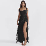 Ruffle Thigh High Split Dress Women Spaghetti Strap-Black-8