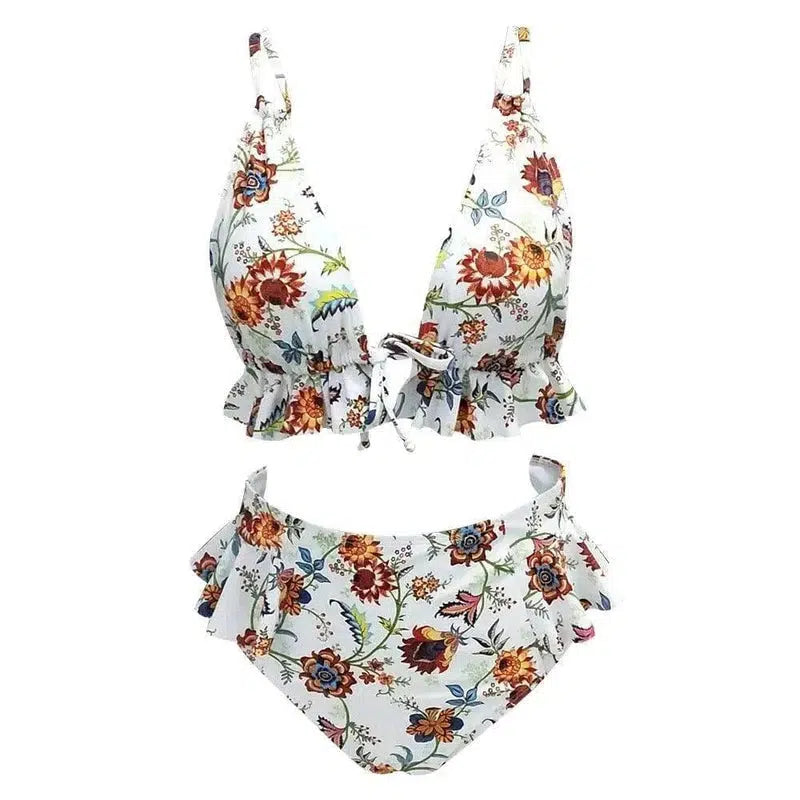 Ruffled bikini high waist printed swimsuit-White-3