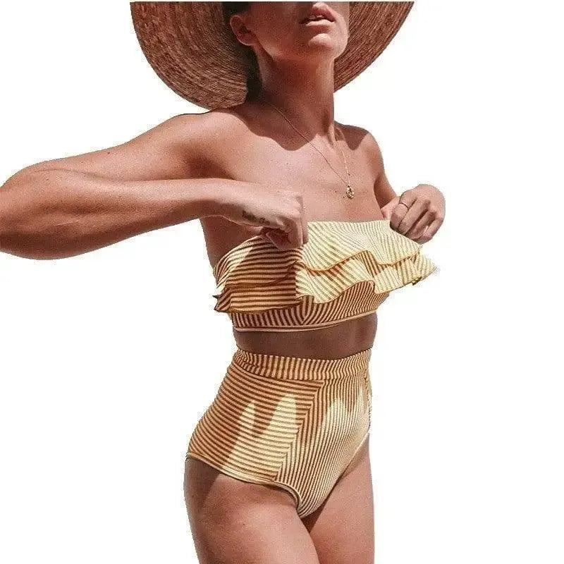 Ruffled Bikini Tube Top High Waist Striped Swimsuit-Orange-2