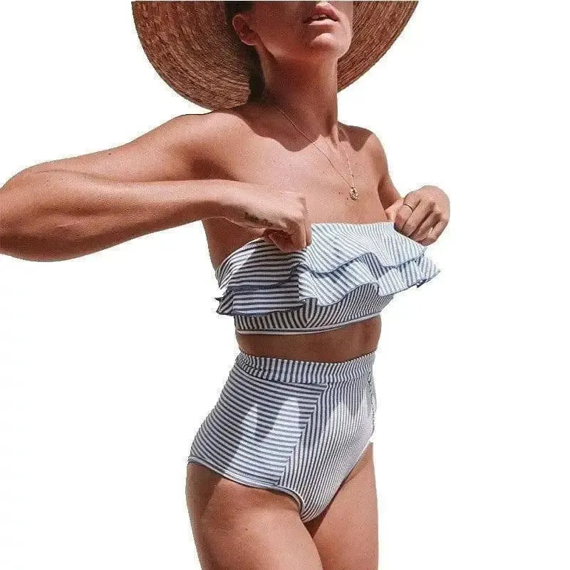Ruffled Bikini Tube Top High Waist Striped Swimsuit-5