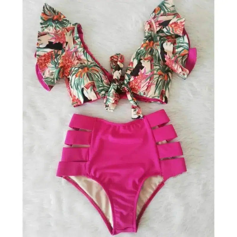 Ruffled Bikini Split Swimsuit European And American Sexy-RoseRed-2