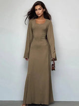 Elegant Maxi Dresses | Ribbed Long Sleeve-Khaki-7