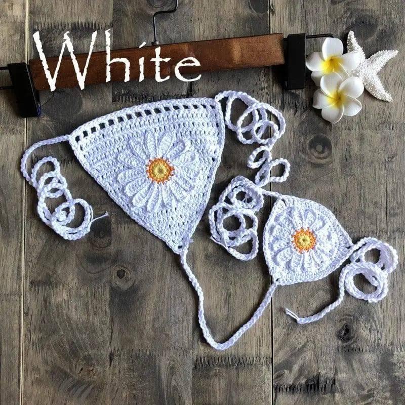 Beach Hollow Bikini Bottoms Handmade Crochet Sunflower-White-1