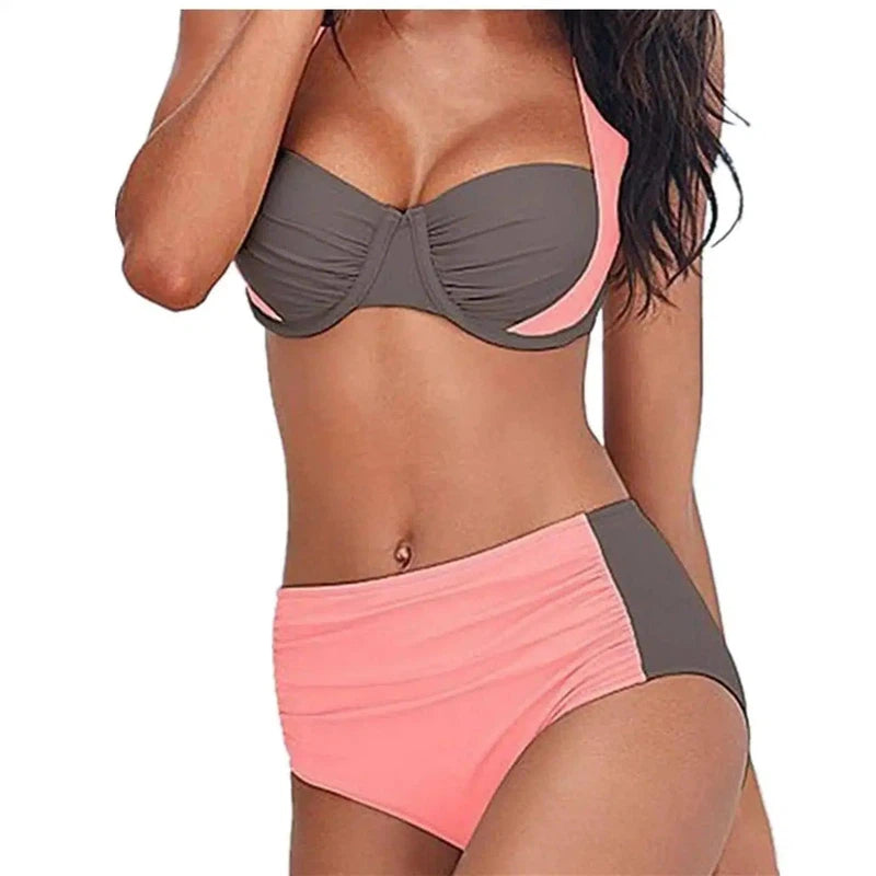 Bikini High Waist Swimsuit Women Halter-Pink-1