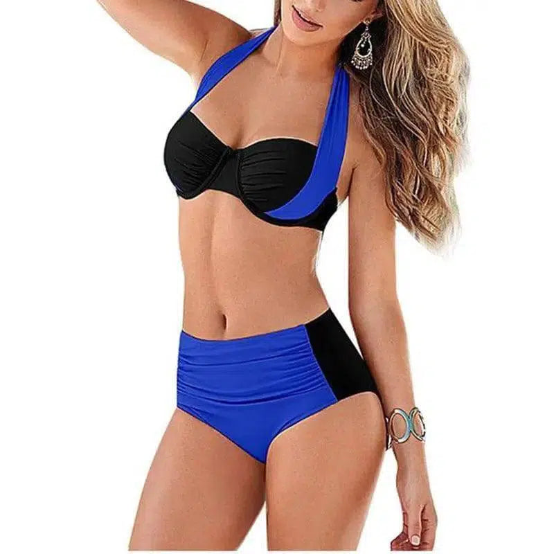 Bikini High Waist Swimsuit Women Halter-Blueblack-3