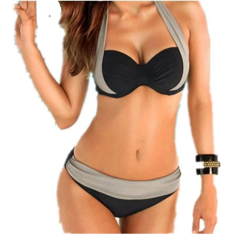 Bikini High Waist Swimsuit Women Halter-Grey-5