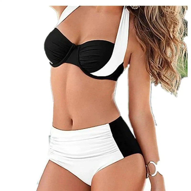 Bikini High Waist Swimsuit Women Halter-Blackandwhite-6