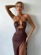 Halter Backless Maxi Dress - Elegant Club Party Wear-brown-1