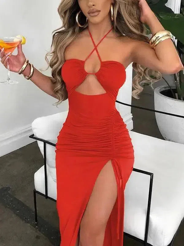 Halter Backless Maxi Dress - Elegant Club Party Wear-orange-6