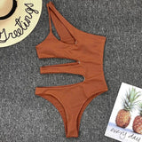 irregular stitching cutout one-piece bikini-Brown-2