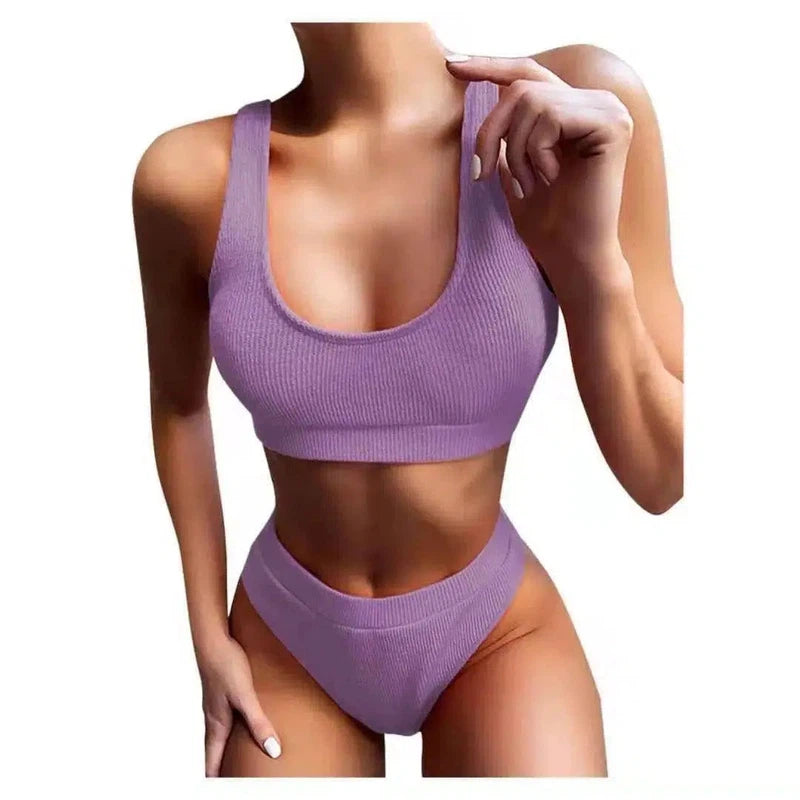 Knitting Bikini Female Swimsuit High Waist Swimwear-Purple-1