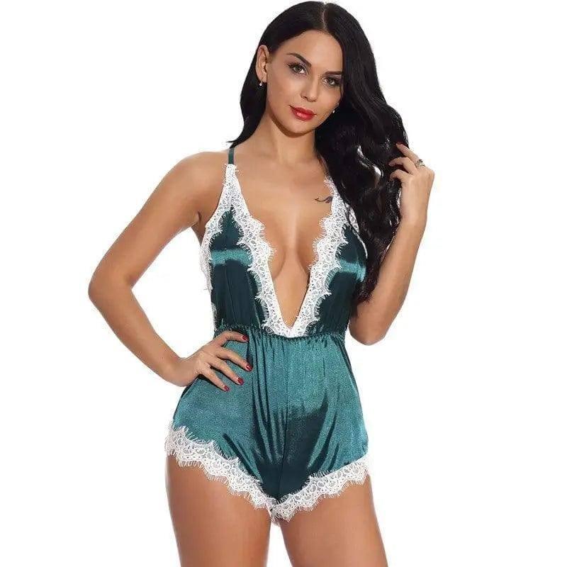 Lingerie Satin Lace Pajamas Back Cross Stretch-Green-2