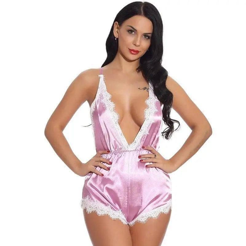 Lingerie Satin Lace Pajamas Back Cross Stretch-Pink-4