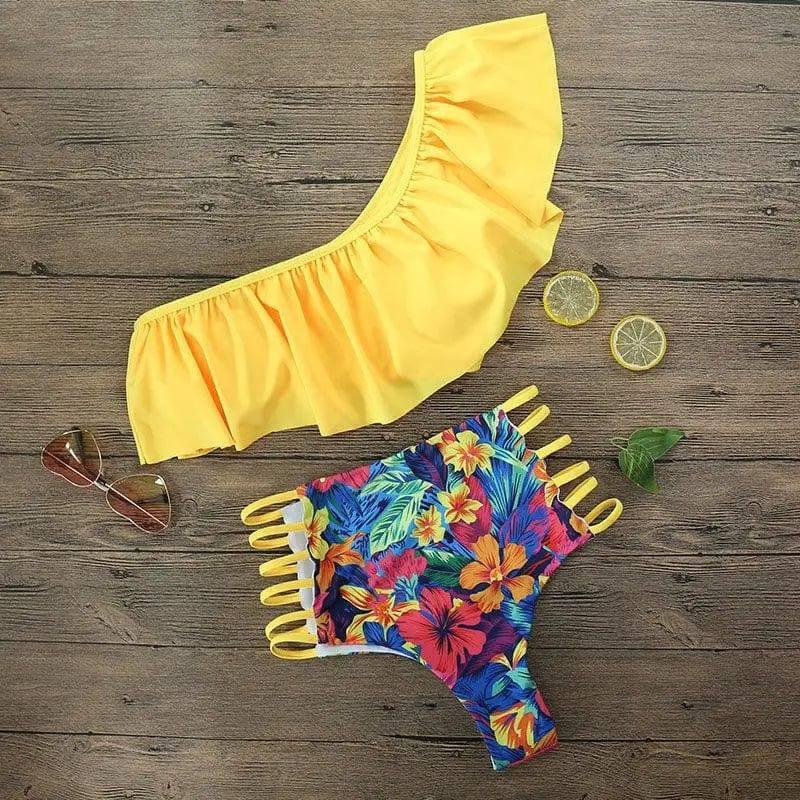 one-shoulder ruffle print swimsuit-Yellow-3