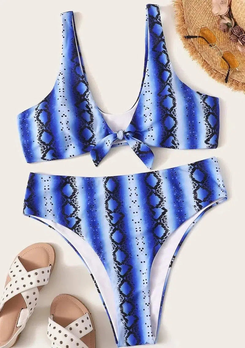 plus size knotted high waist ladies swimwear-Blue-2