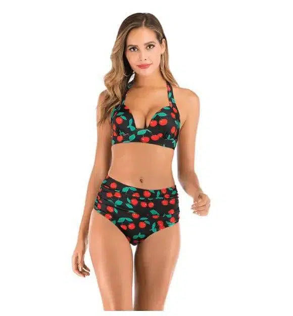 Printed High-waisted Two-piece Swimsuit-Blackcherry-13