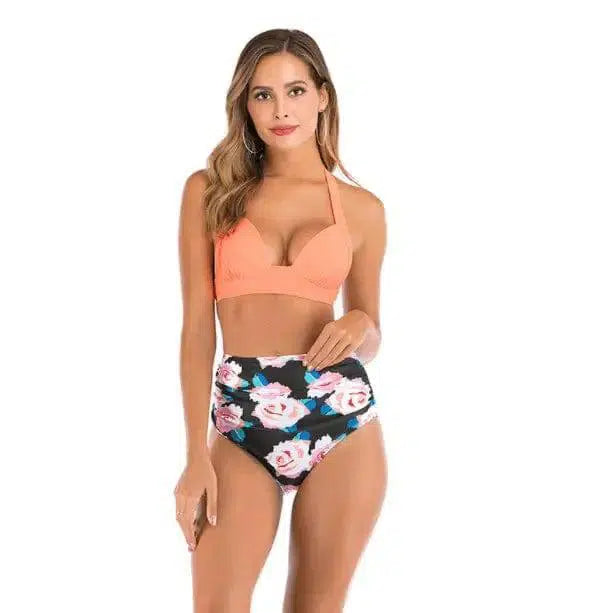 Printed High-waisted Two-piece Swimsuit-Bigorangeflower-15